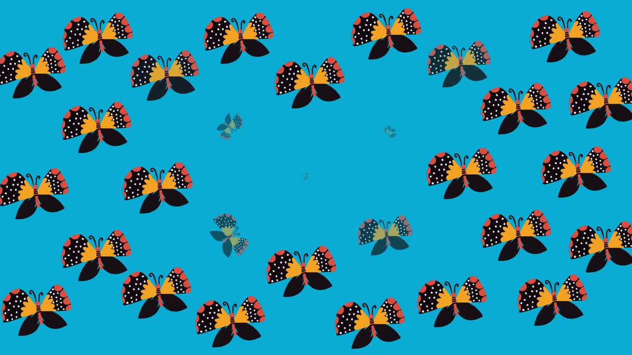 Animation of multiple colourful butterflies moving over blue background