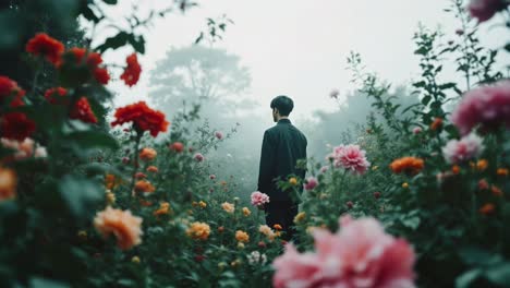 man in a garden with fog