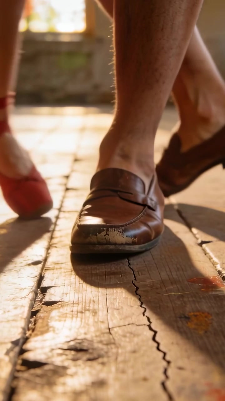 Video verticale: Un mocassino che si muove trascinando una scarpetta da punta rossa nella danza su un pavimento crepato con una gonna rossa.