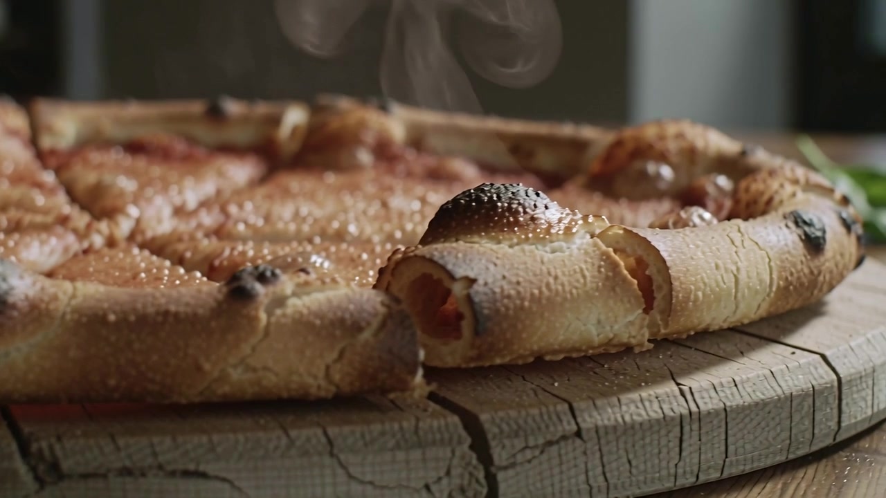 La telecamera si allontana rivelando una pizza su un tagliere crepato in cucina, mostrando crosta, sesamo, basilico