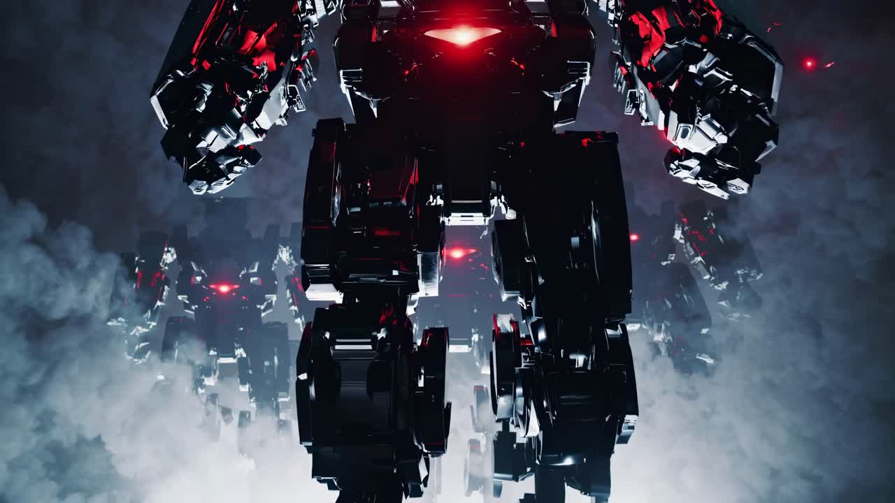 Ujęcie wideo z niskiej perspektywy przedstawiające futurystycznego robota ze świecącymi czerwonymi światłami, wyłaniającego się z dymu.