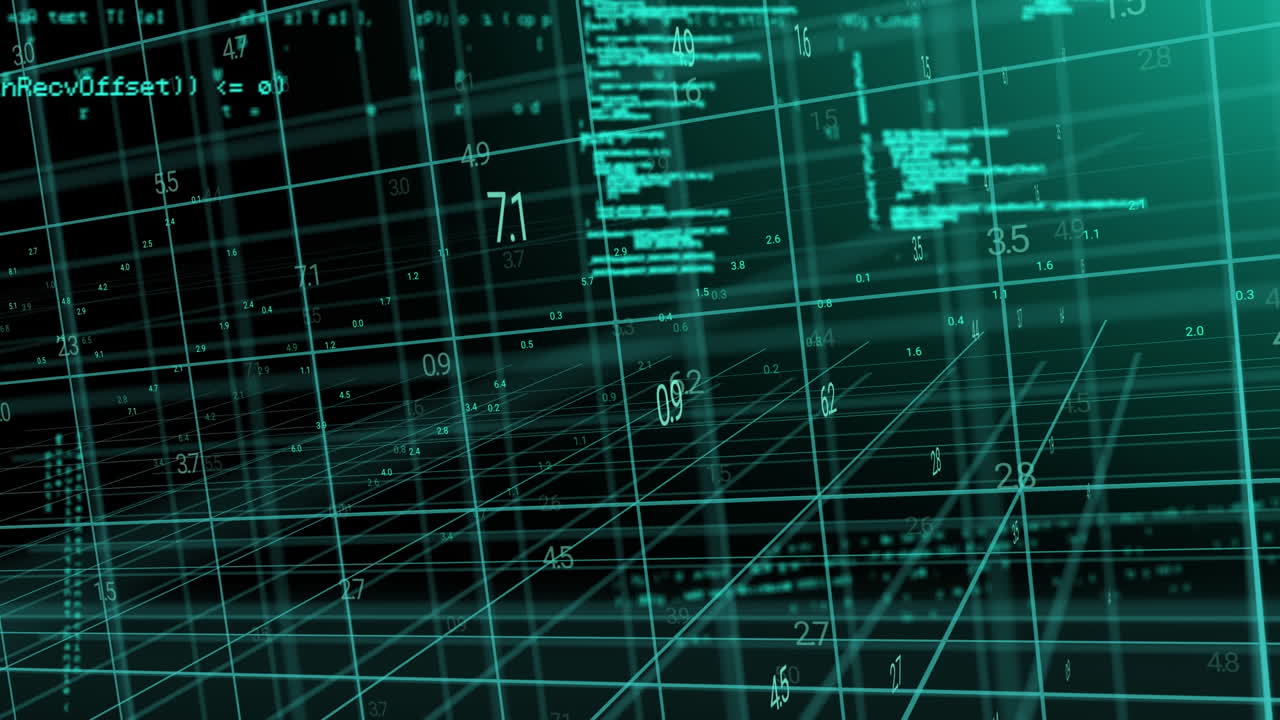 animación de capas de procesamiento de datos y codificación que se mueven sobre una cuadrícula 3d sobre fondo negro
