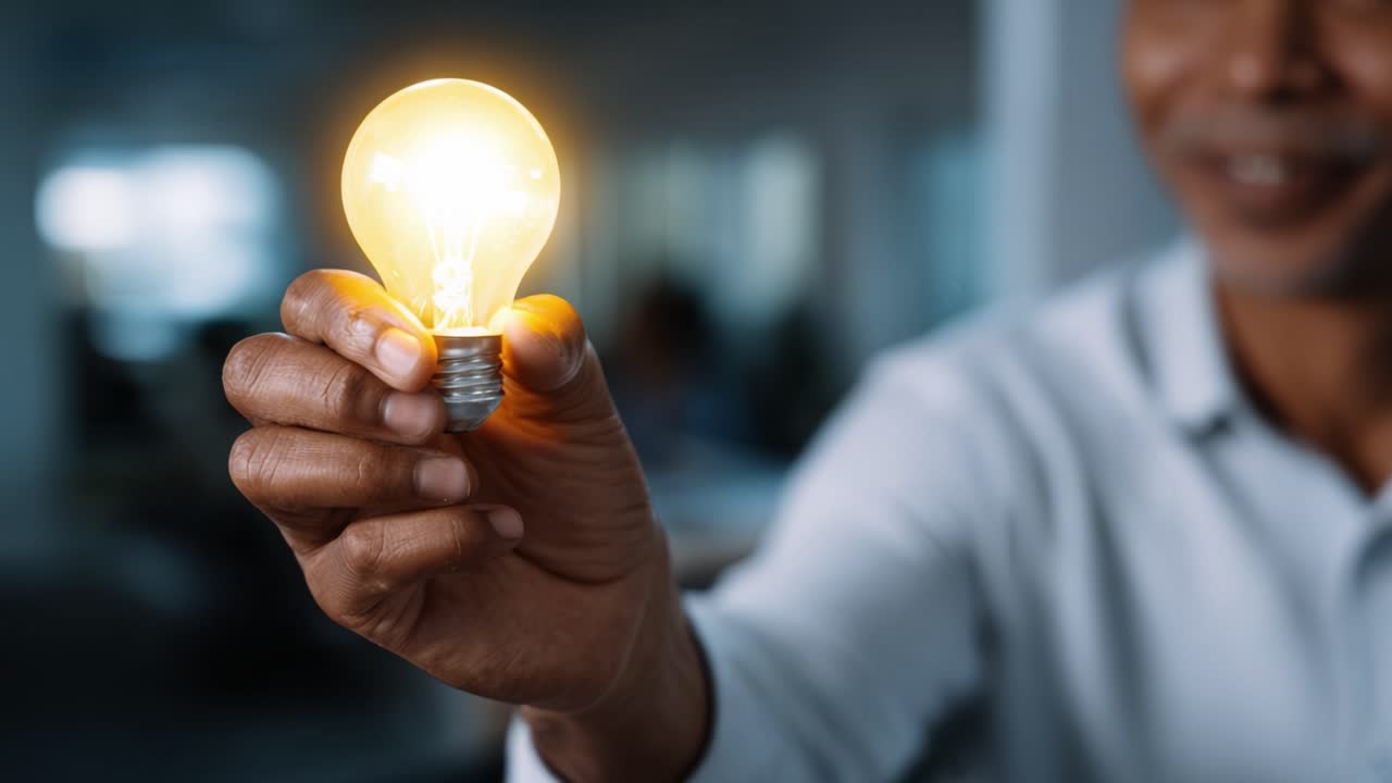 A Person Holding a Bright Light Bulb, Symbolizing Ideas, Innovation, and Enlightenment in a Modern Workspace Environment with Soft Background Focus