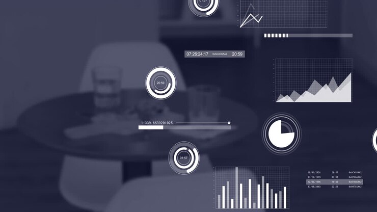 Animation of multiple graphs, loading circles, graphs over unoccupied chairs with glasses of water