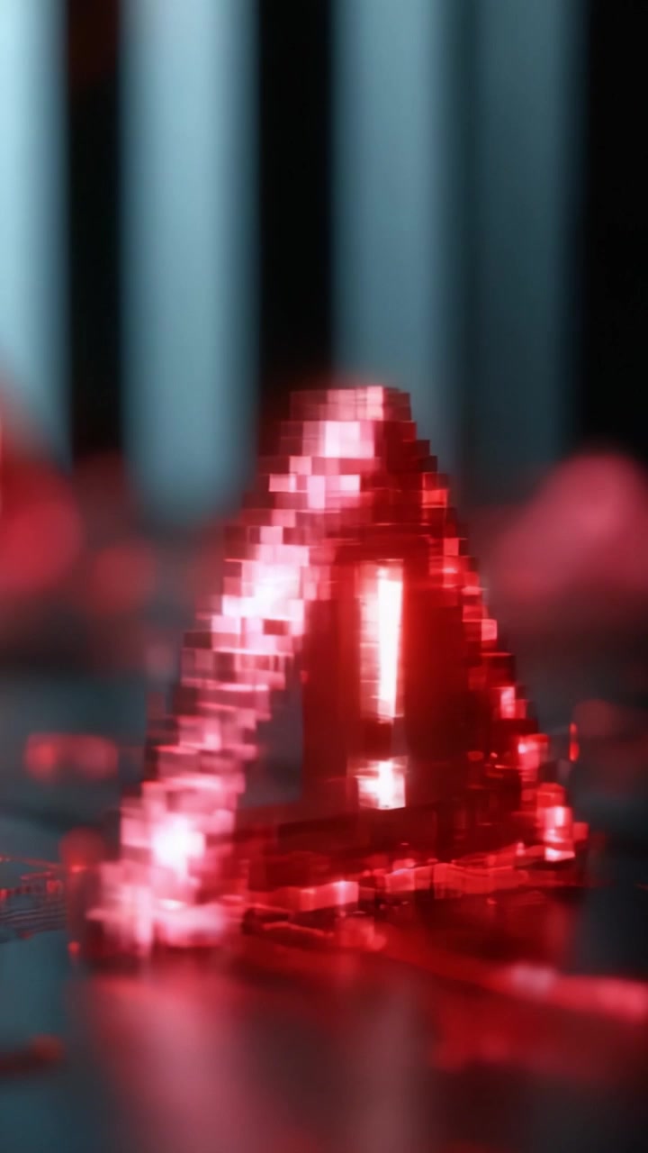 A Glowing Red Pyramid Structure Illuminates a Digital Landscape in a Futuristic Setting, Showcasing Unique Pixelation and Light Effects
