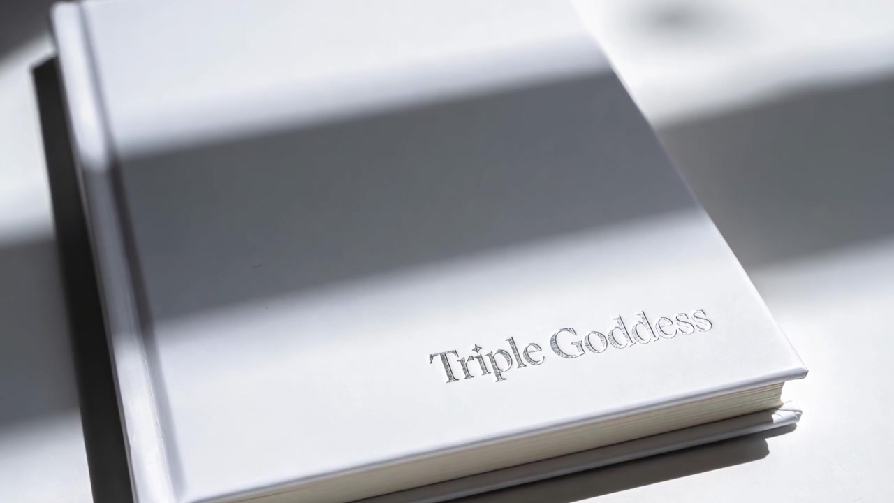 Sliding blind shadows across white book on desk, camera zooming revealing raised Triple Goddess