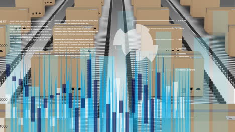 animation of data processing over cardboard boxes on conveyor belts