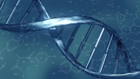 animación de la fórmula química y la cadena de adn en fondo azul
