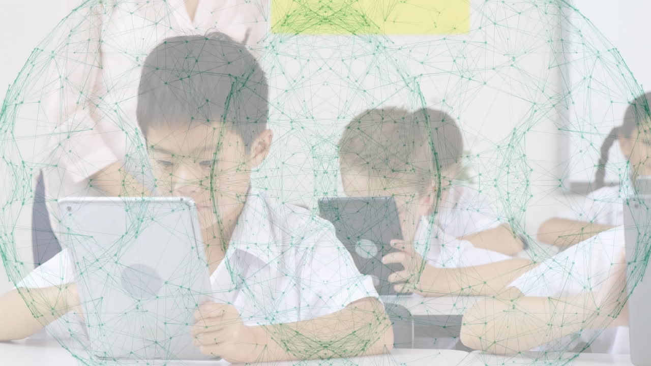 Students using tablets in classroom with digital network animation overlay