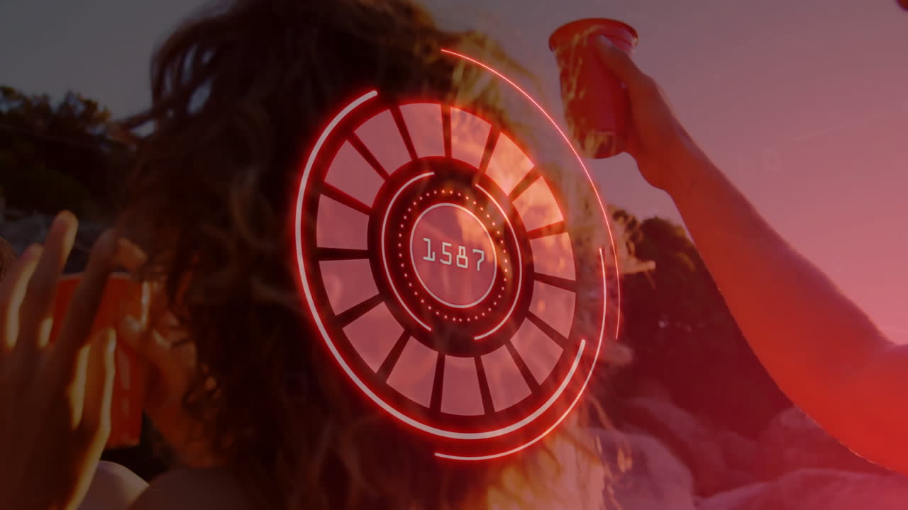 Holding drink outdoors, person interacting with red digital interface animation