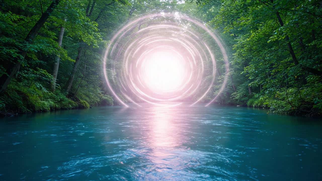 A Mystical Portal Appears Over a Serene River Surrounded by Lush Green Forest, Radiating a Bright Light and Inviting Exploration into Unknown Realms
