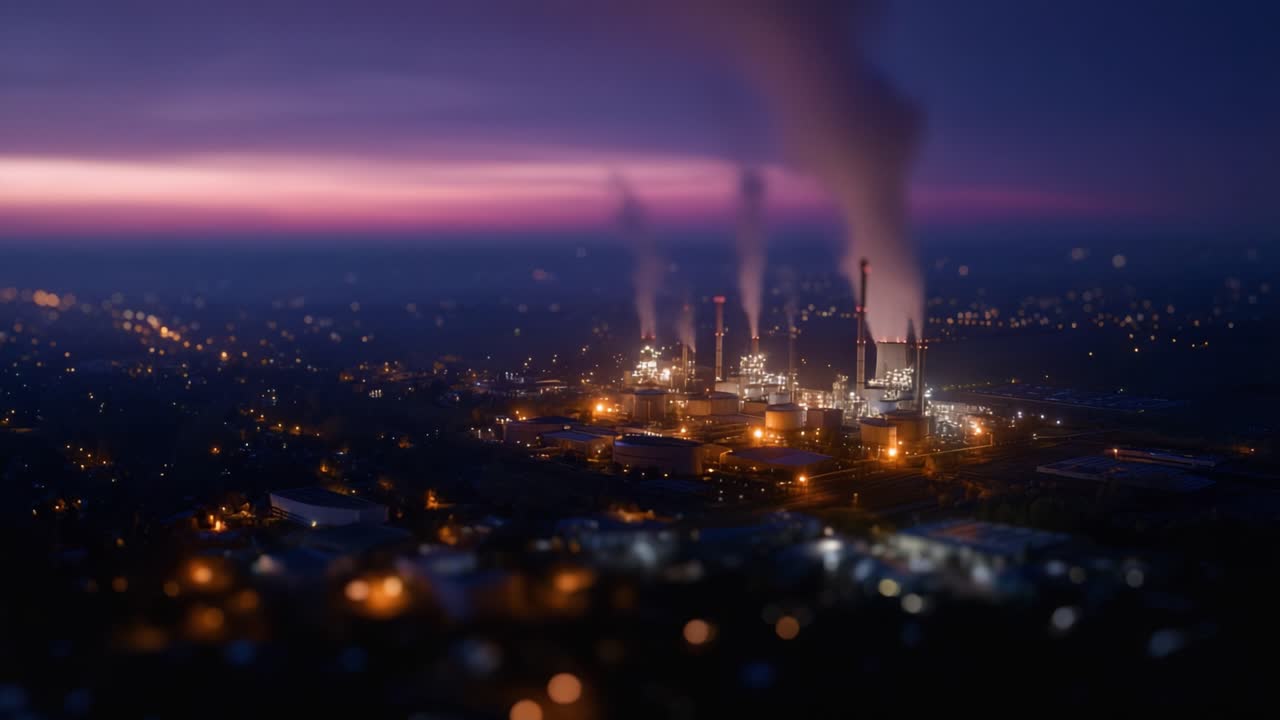 Vista aérea nocturna de una instalación industrial que emite humo bajo un cielo crepuscular, resaltando la fusión de la tecnología y la naturaleza en paisajes urbanos.