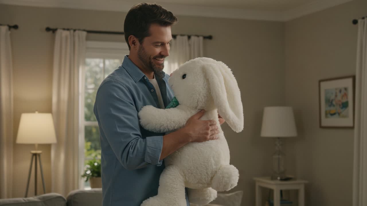 A Heartwarming Moment of Joy as a Man Cherishes a Soft Plush Bunny Toy in a Cozy Living Room Setting Filled with Natural Light and Warmth