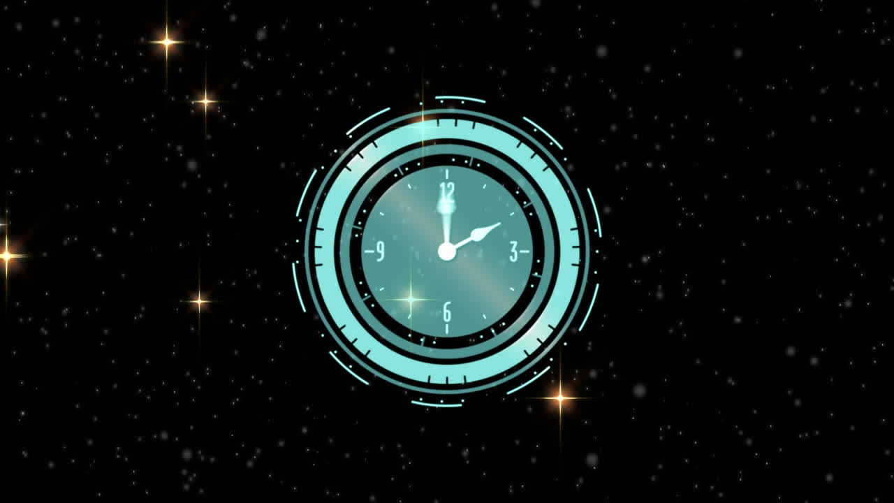 검은색 배경 에 반 ⁇ 이는 별 들 위 에 움직이는 손 을 가진 시계 의 애니메이션