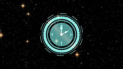 animación de un reloj con manecillas en movimiento sobre estrellas brillantes sobre fondo negro