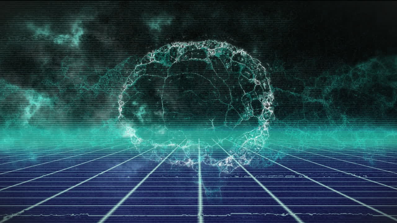 Animation of digital brain and shapes over dark clouds