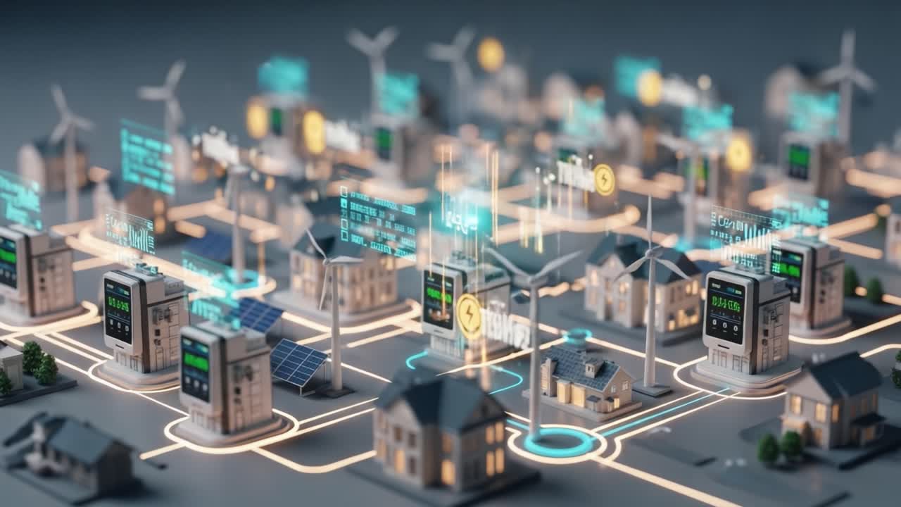 A futuristic smart city grid illustrating interconnected buildings with wind turbines, solar panels, and digital data streams showcasing sustainable energy management and analytics
