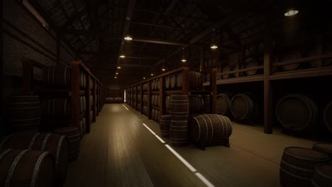 almacenamiento de barriles de vino en la bóveda de vinos. barriles de coñac, vino o whisky. barrilles de vino de roble de madera. almacén de alcohol
