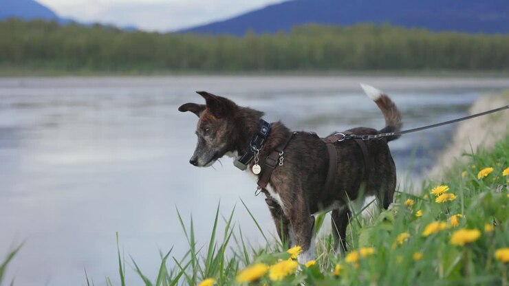 Cane tigrato che esplora un fiume durante un'avventura all'aperto con fiori di tarassaco gialli