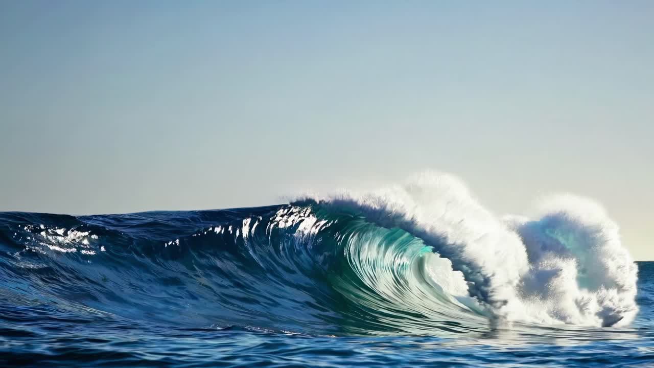 Dynamic video captures a powerful ocean wave from a low-angle perspective, highlighting its energy