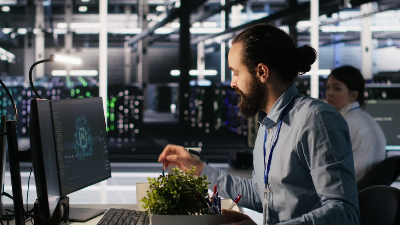 Vertical video Furious data center engineer packs desk belongings after being replaced by AI