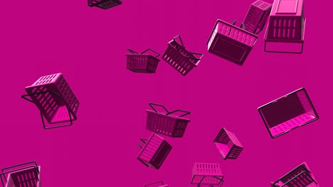 purple plastic shopping baskets on purple background.