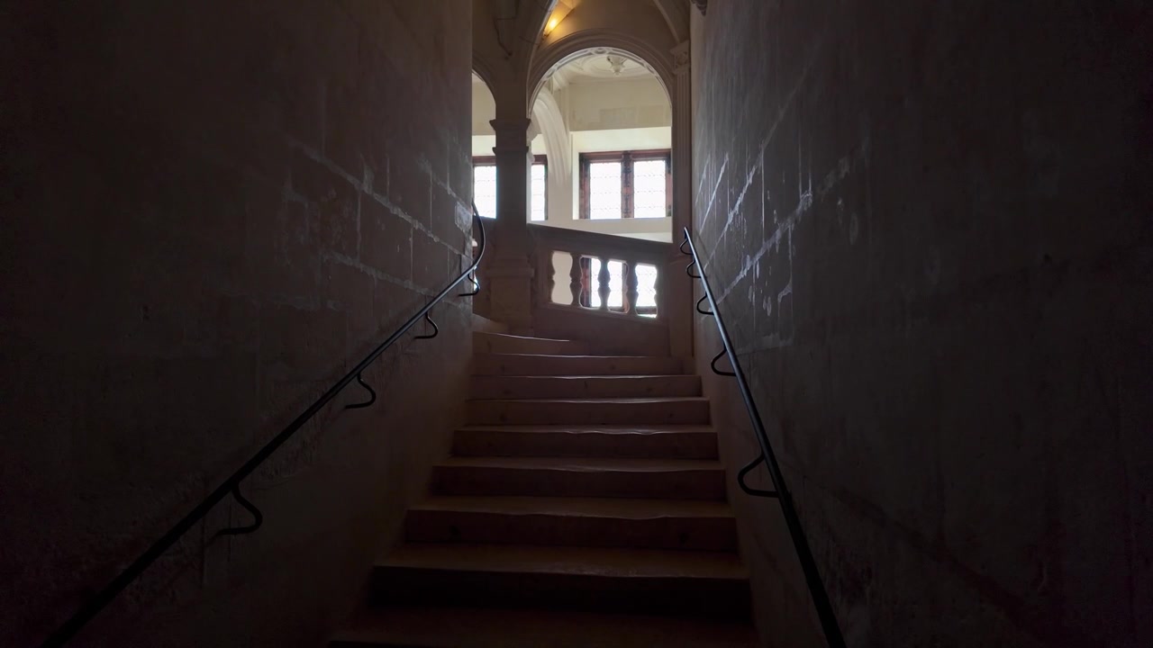 Interior view of the grand stone staircase at Château de Chenonceau, featuring carved limestone steps and arched architecture
