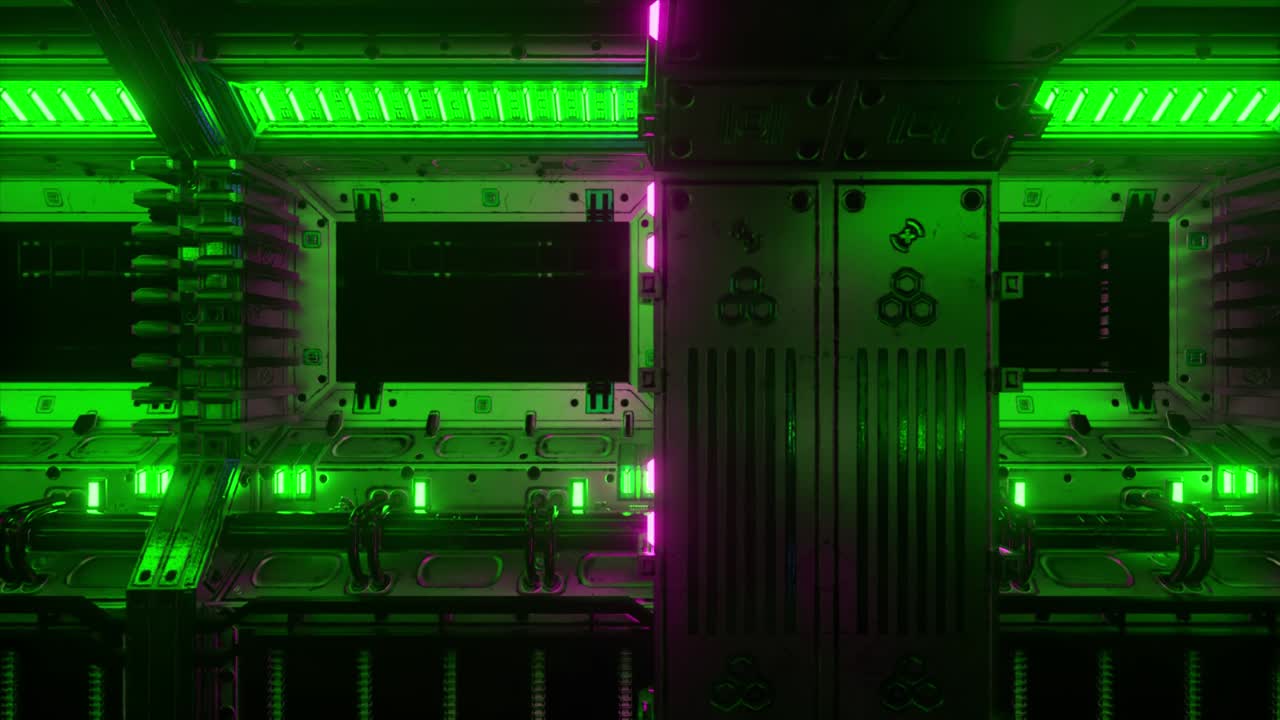 Flying into spaceship tunnel, sci-fi spaceship corridor. Futuristic technology for technical titles and backgrounds. Internet traffic graphics, speed. 3D rendering. 4k animation of seamless loop