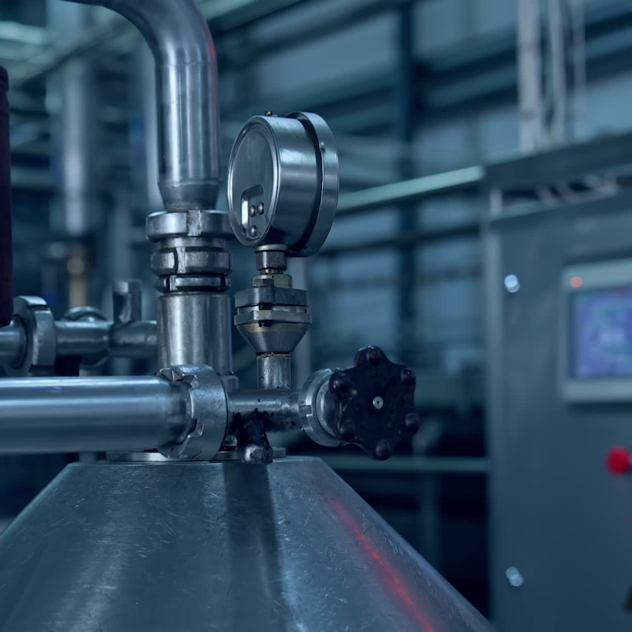Industrial mechanism on a dairy farm. Modern equipment inside the milk farm. Production of dairy products. Food production industry