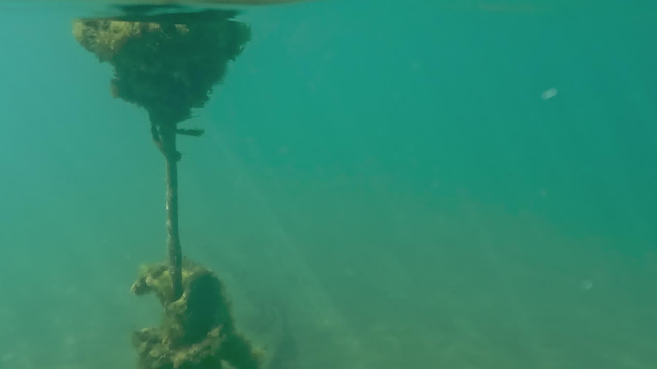 vista inclinada hacia arriba medio subacuática desde el lecho marino hasta la superficie de una boya de amarre flotante amarilla aislada en el agua de mar