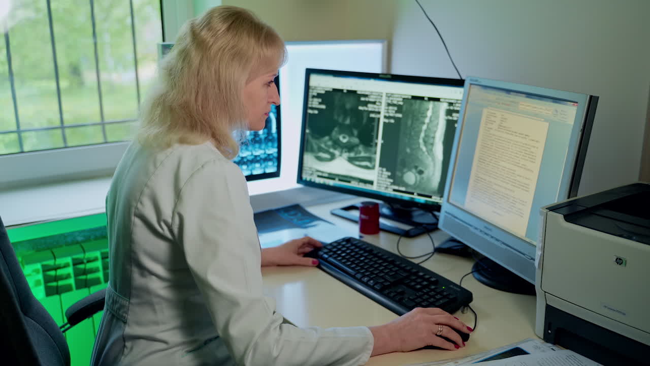 X-ray room in hospital. Doctor analyzing chest x-ray in examination room