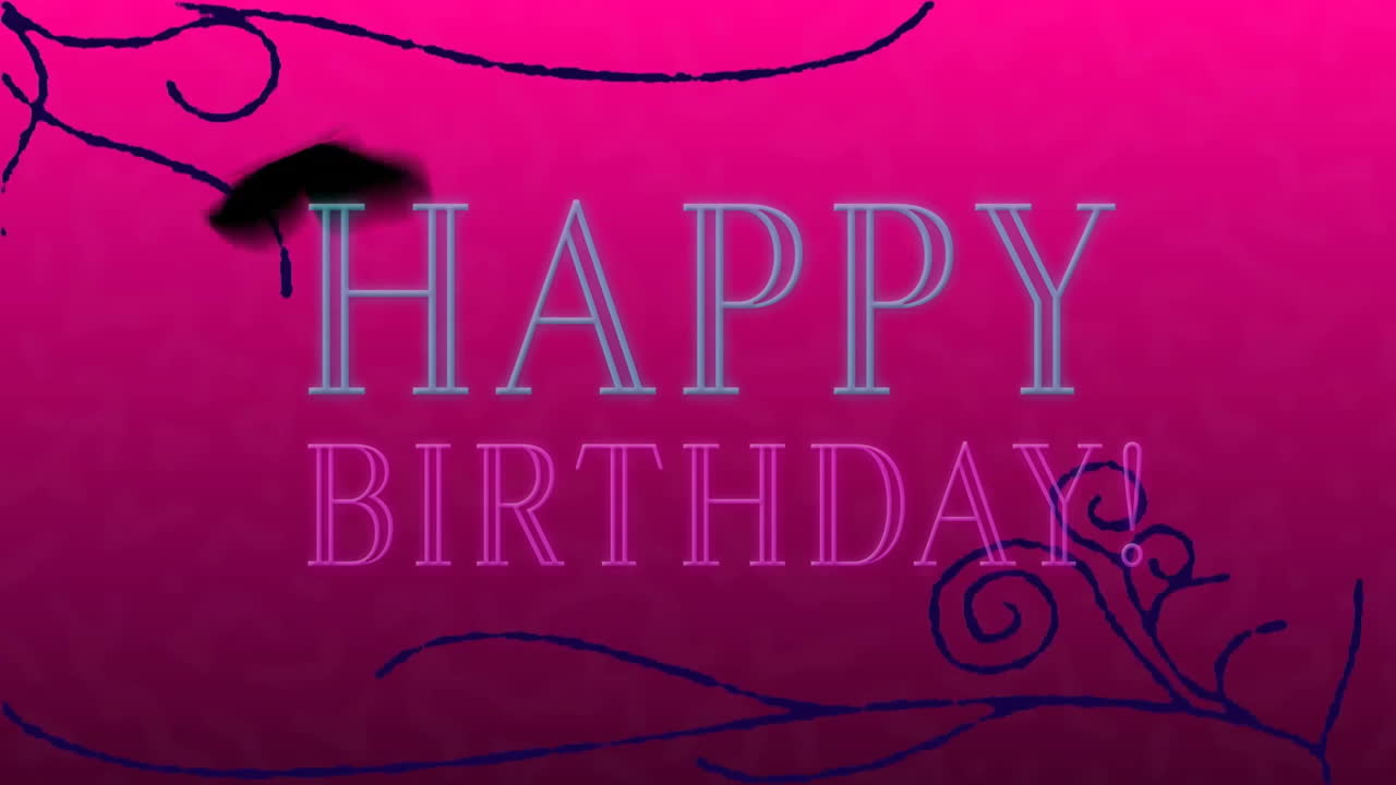 animación de texto de cumpleaños feliz con remolinos decorativos en fondo rosa