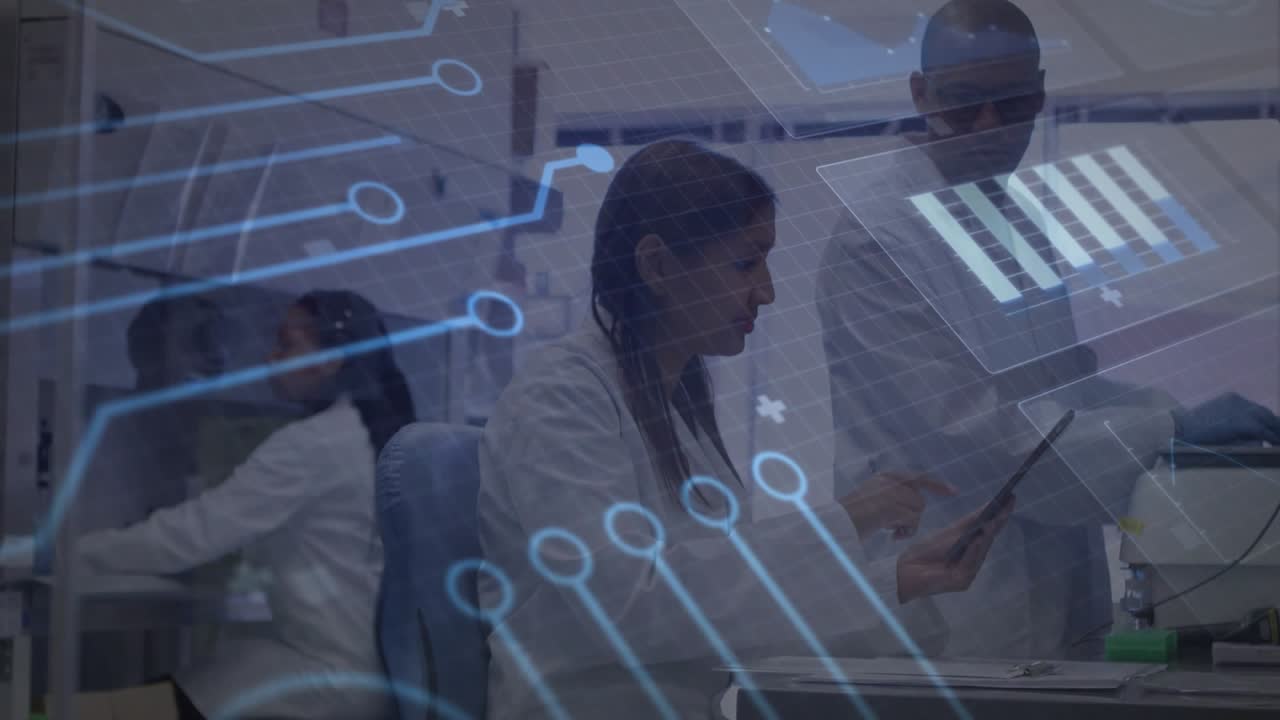 Center technician tapping tablet and initiating circuit graphics overlaying lab for data analysis
