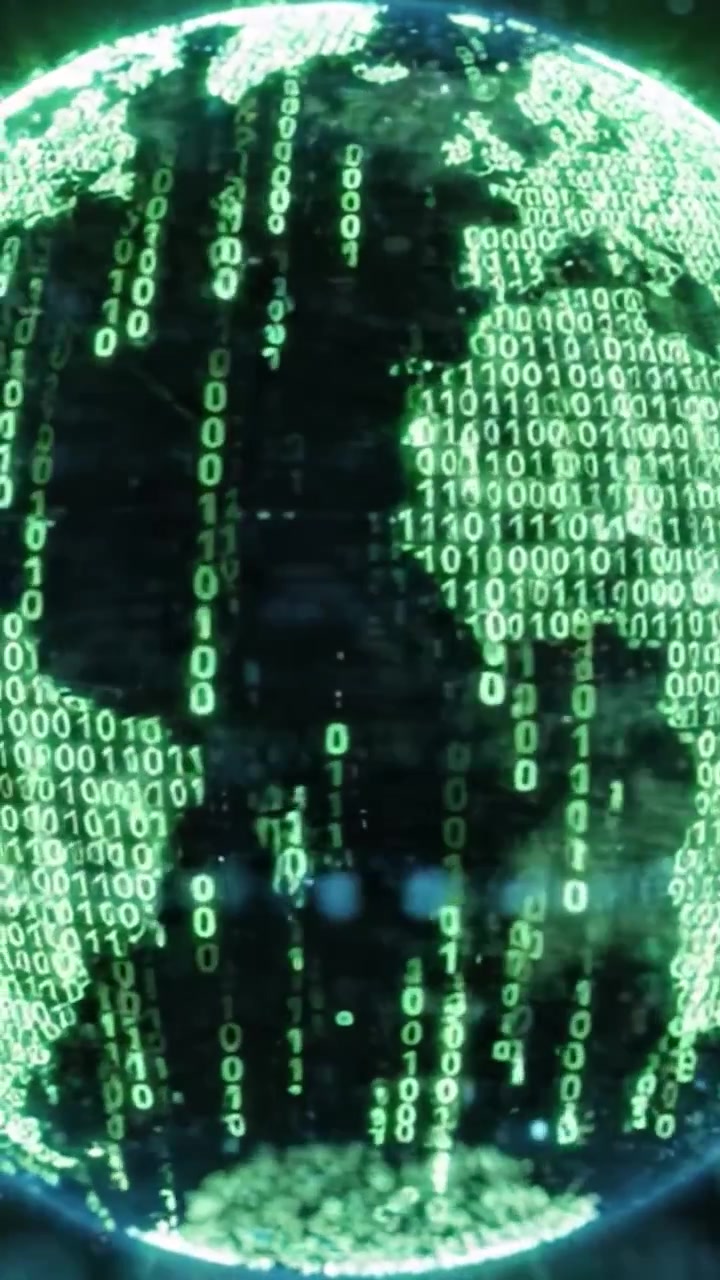 A Digital Representation of Earth Highlighting the Interconnectedness of Global Data Through a Matrix of Green Binary Code