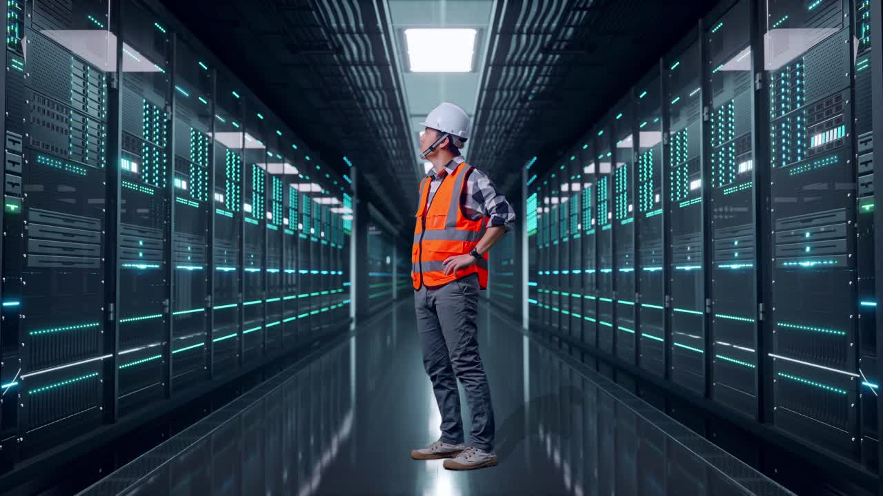 Full Body Side View Of Asian Male Engineer Wearing Safety Helmet Looking Around While Standing With Arms Akimbo in Server Room Data Center