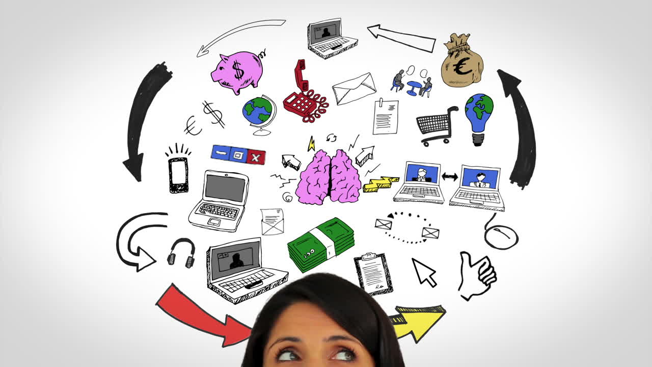 animación de colores de tener idea y desarrollar plan y mujer mirando