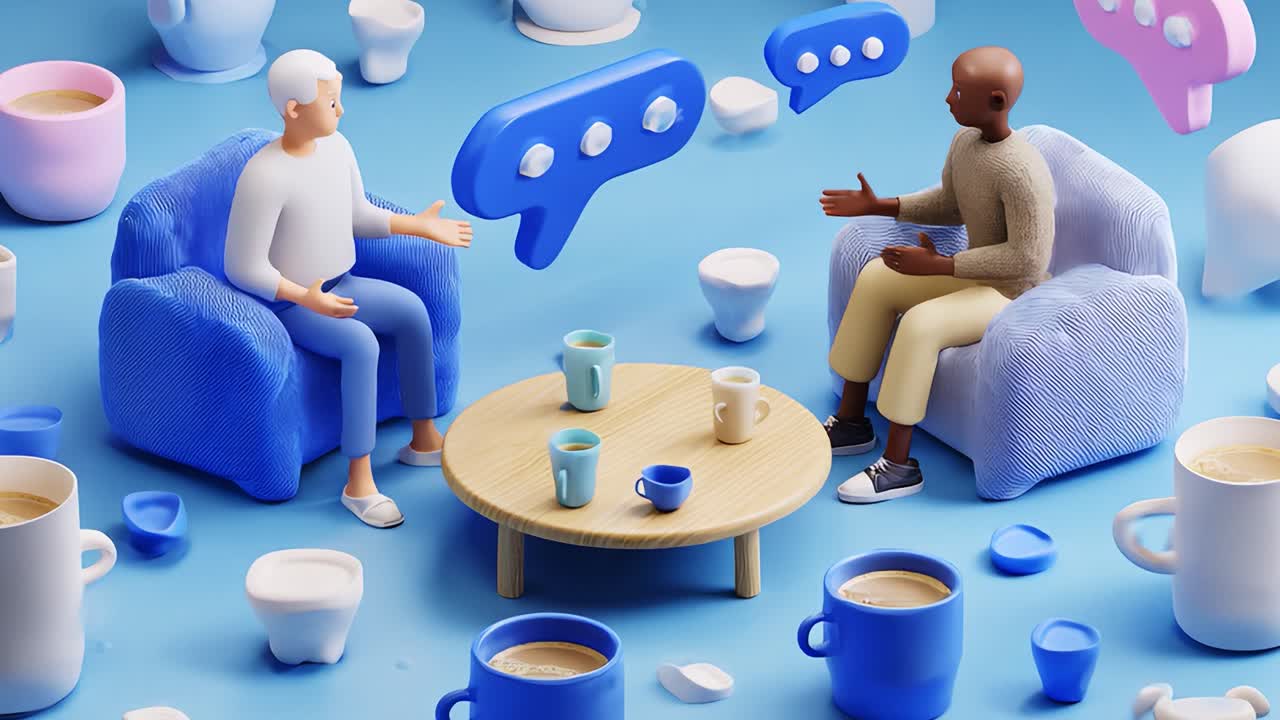 A Conversational Exchange Depicted Through Colorful Characters in a Cozy Environment, Featuring Talk Bubbles and Coffee Cups as They Engage in Meaningful Dialogue in a Stylized Setting