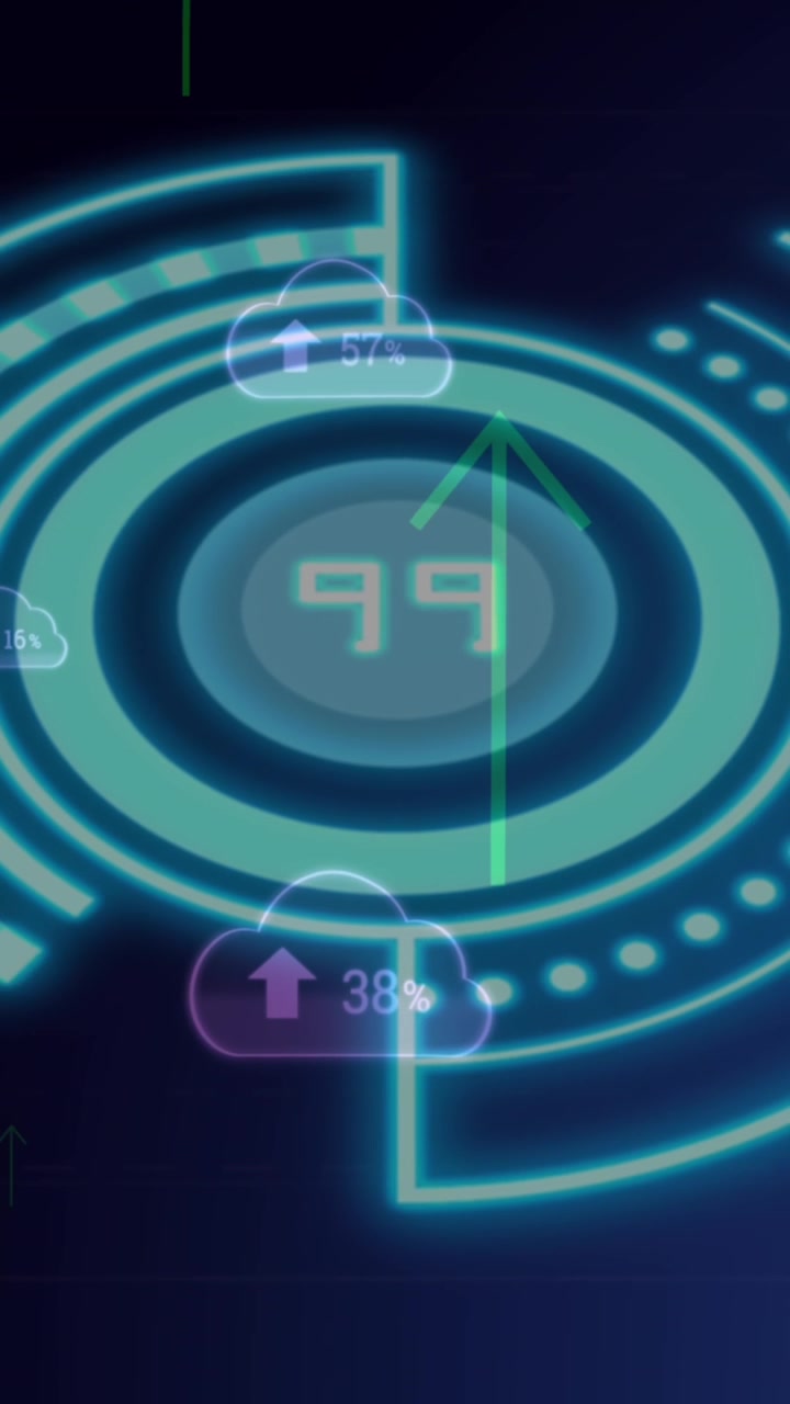 Animation of scope scanning with data processing over cloud icons and shapes