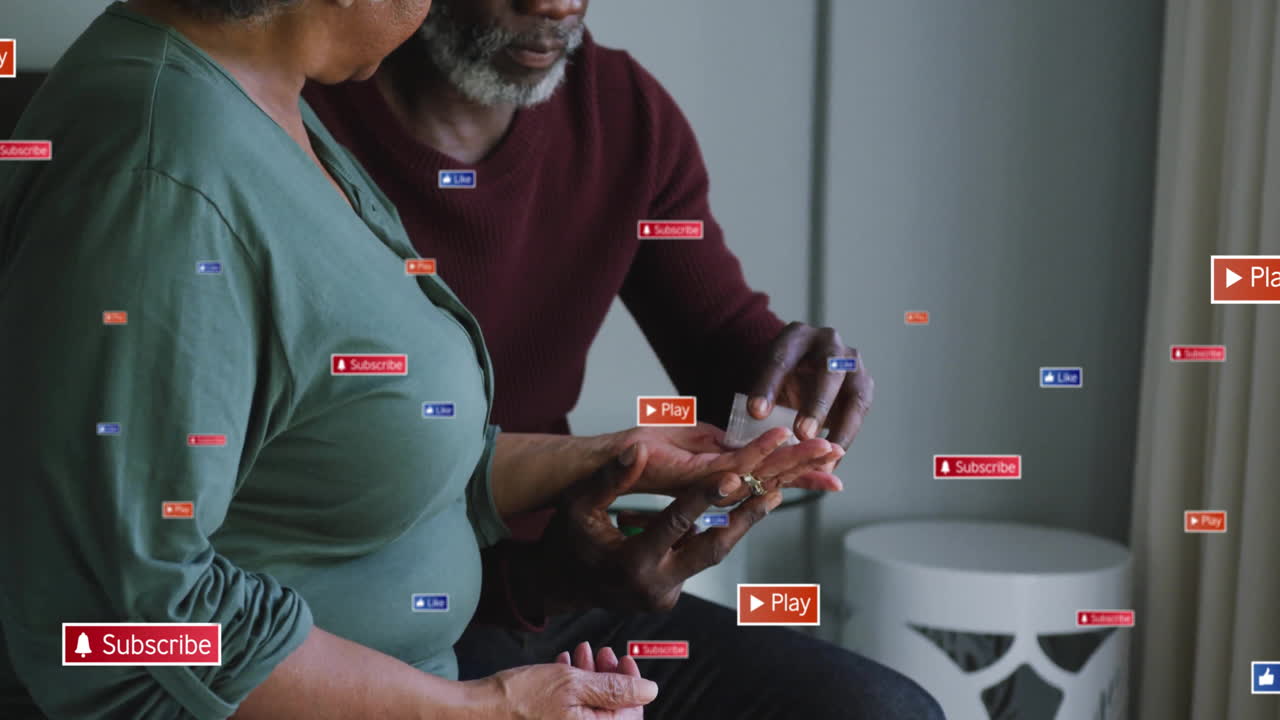 Senior couple taking medication indoors, displaying floating Subscribe, Like, Play icons for health