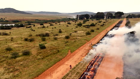controlled grass burn protects land from wildfires in dry african fire season