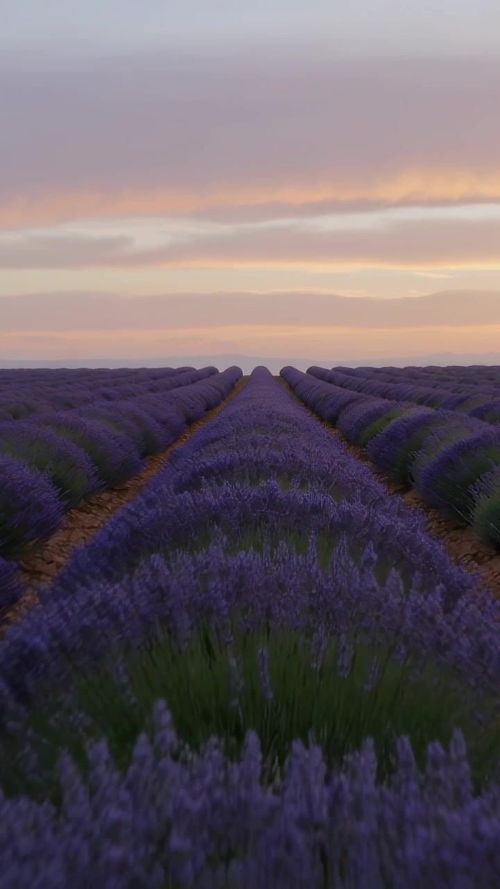 Video verticale: Telecamera che scende lungo un corridoio centrale di lavanda, mostrando un cielo al tramonto dai colori pastello.