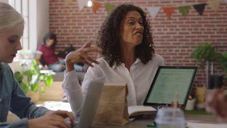 multi ethnic business women meeting brainstorming team leader sharing creative ideas for startup project using tablet technology in modern office workplace presentation