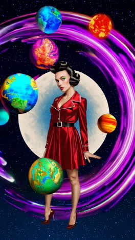 glamorous woman in red dress in a cosmic landscape with planets and moon