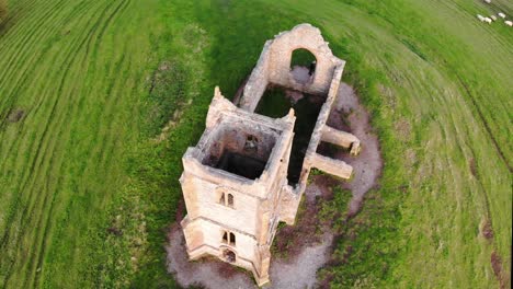 aerial overhead shot of the church ruins at burrow mump south west england