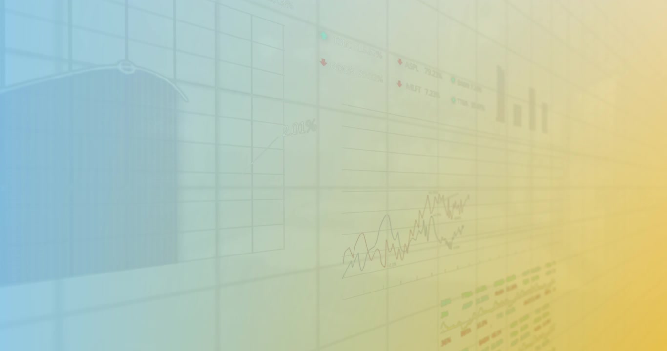 Animation of statistical and stock market data processing against blue gradient background