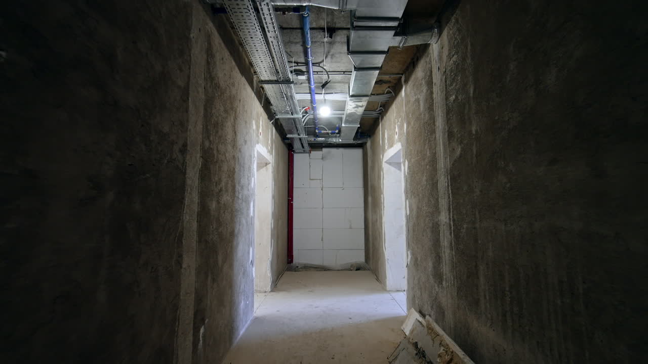 Corridor in the renovated building with unfinished walls. System of pipes on the ceiling. Low angle view.