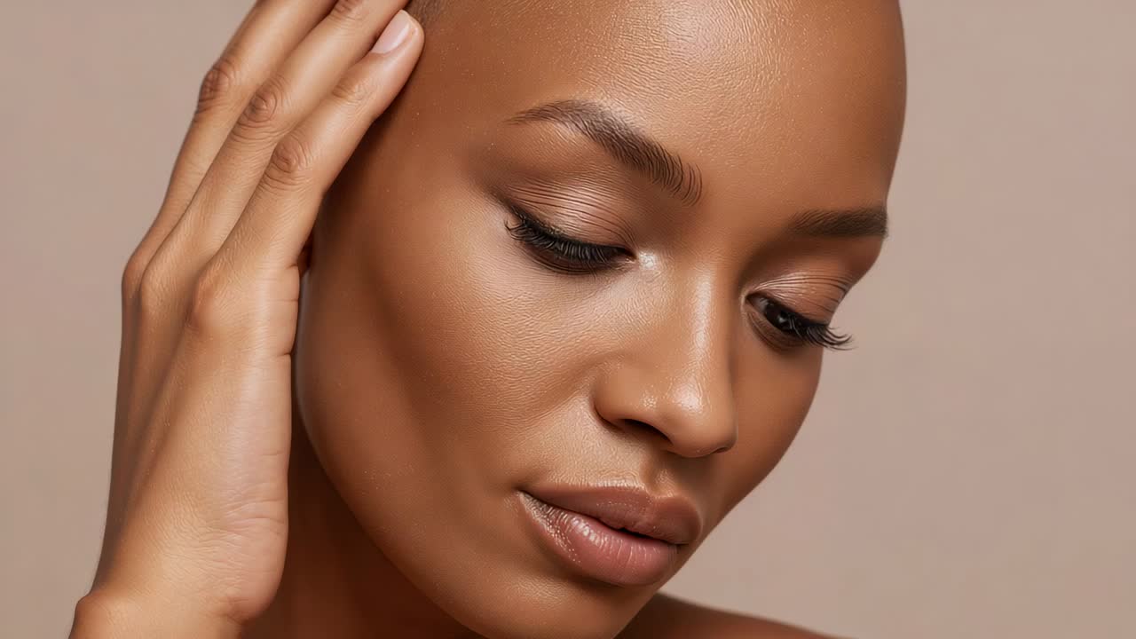 Receiving camera cue, model opening eyes, shifting hand, tilting head in studio, showcasing makeup