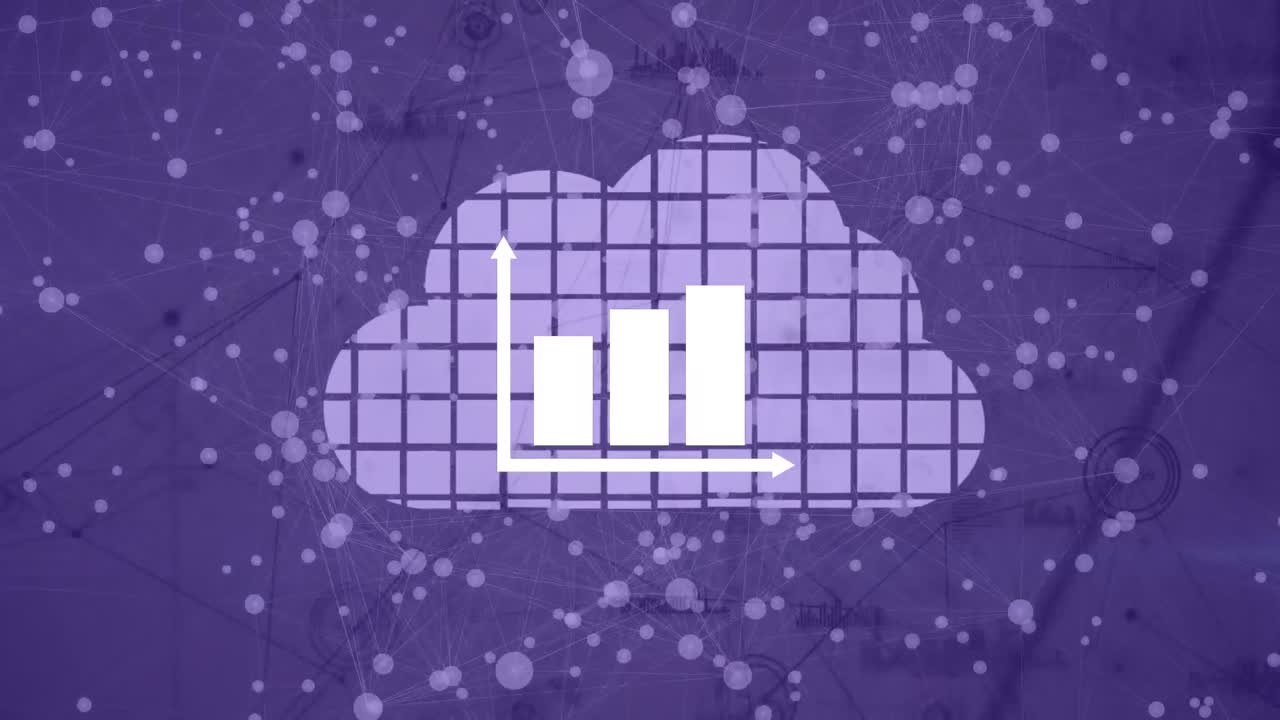 Animation of statistics and network of connections on purple background