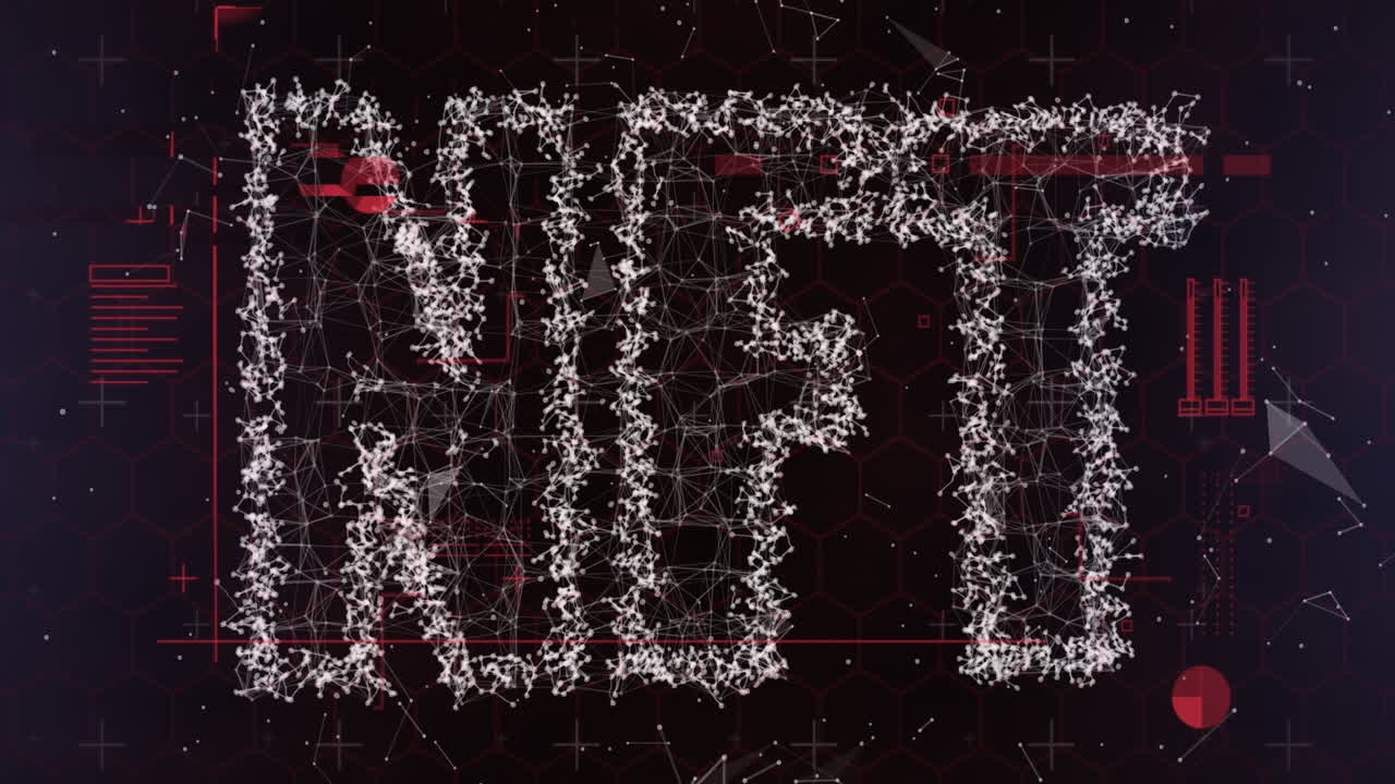 검은 바탕에 nft 텍스트 배너를 형성하는 연결 네트워크의 애니메이션