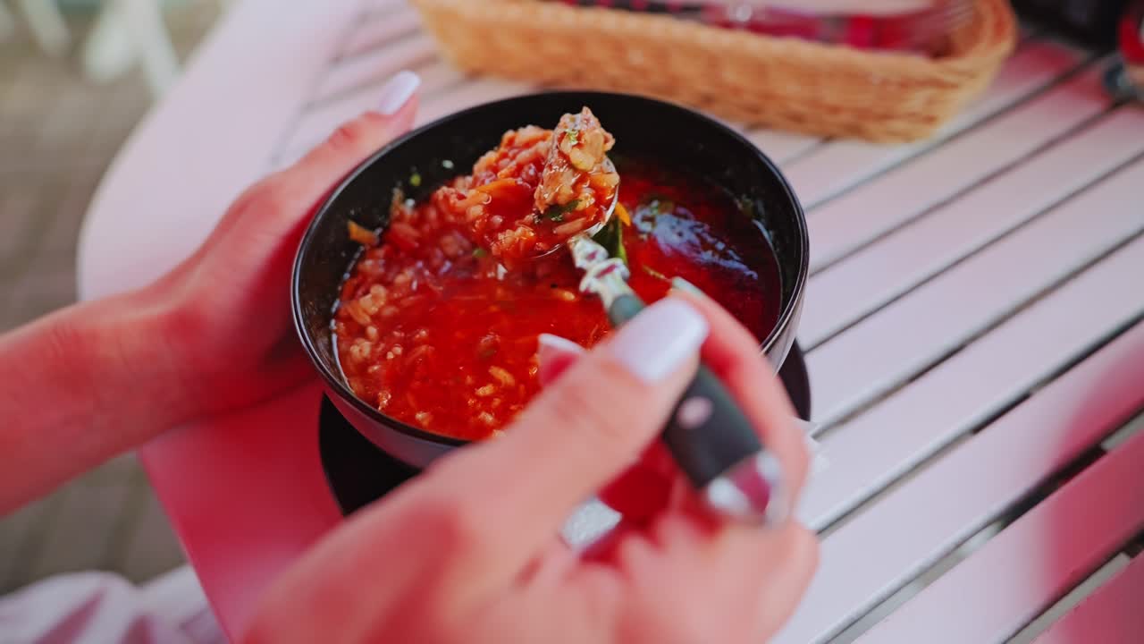 Slow Motion Soup Stirring on Outdoor Table – Warm Café Vibe in Latvia